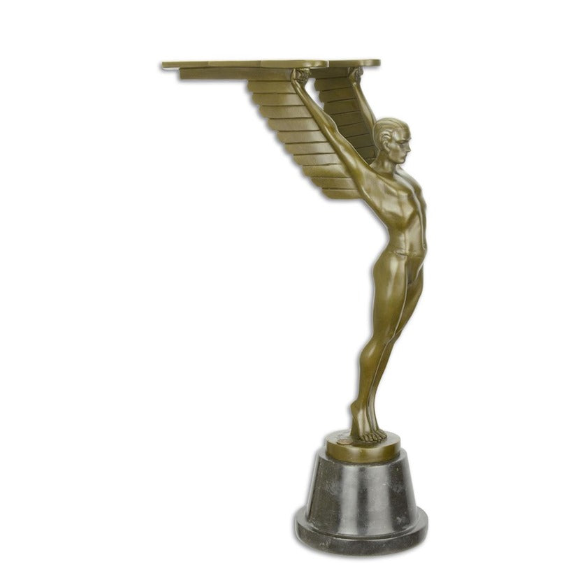 Bronzen beeld uit de Griekse mythologie van Icarus, bekend om zijn vliegtocht met vleugels van hout en veren
