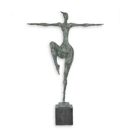 Bronzen beeld van een evenwichtig persoon die staat op 1 been en de armen zijwaarts strekt
