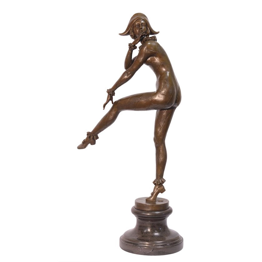 Bronzen beeld van een harlekijn die staat op haar tenen op 1 been